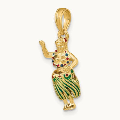 3-D Hula Girl w/ Moveable Grass Skirt Charm, 14K