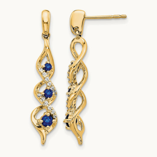 Diamond and Blue Sapphire Post Dangle Earrings, 14K