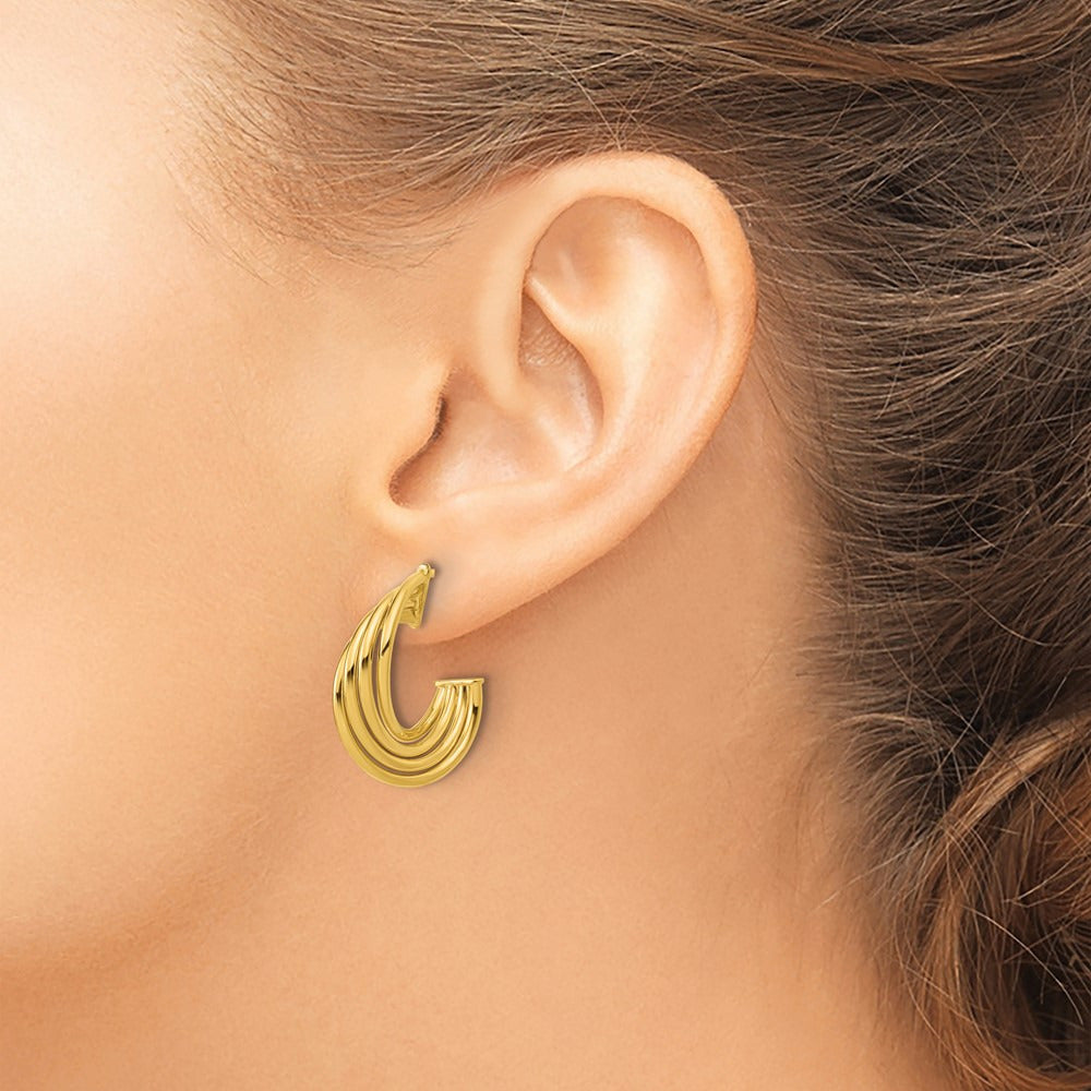 Polished 3-Row Twist J-Hoop Post Earrings — 10K Yellow Gold