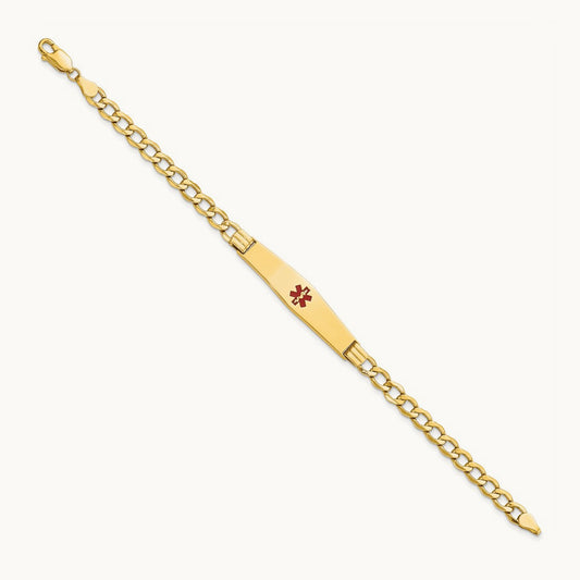 Semi-Solid Medical Soft Diamond Shape Red Enamel Curb ID Bracelet, 14K