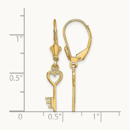 Polished Heart Key Leverback Earrings — 14K Yellow Gold