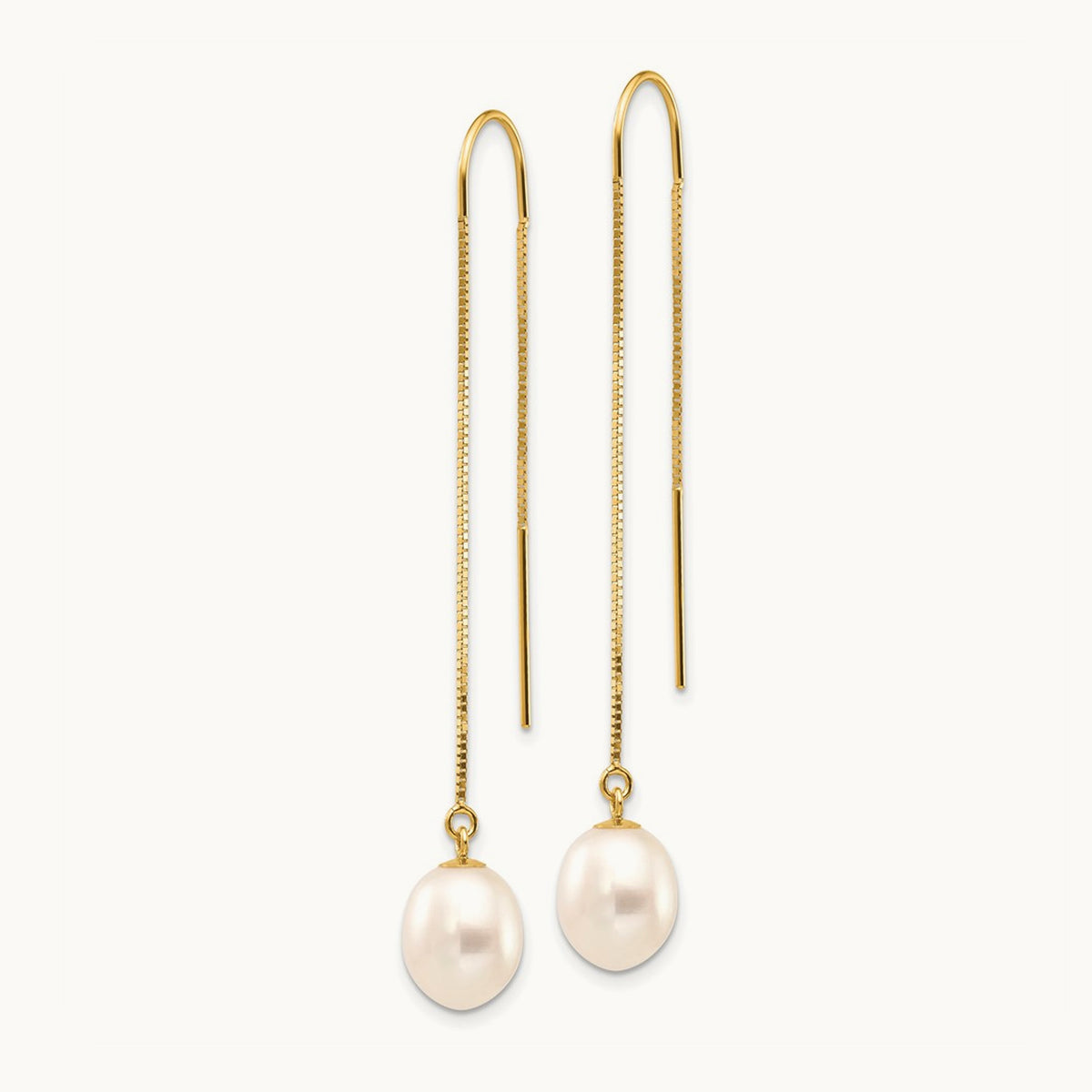7- White Rice FW Cultured Pearl Box Chain Threader Earrings, 14K