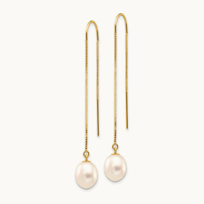 7- White Rice FW Cultured Pearl Box Chain Threader Earrings, 14K