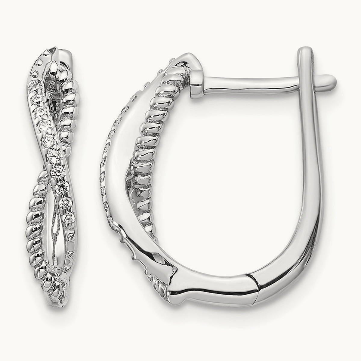 Diamond and Twisted Rope Hinged Post Earrings — 14K White Gold