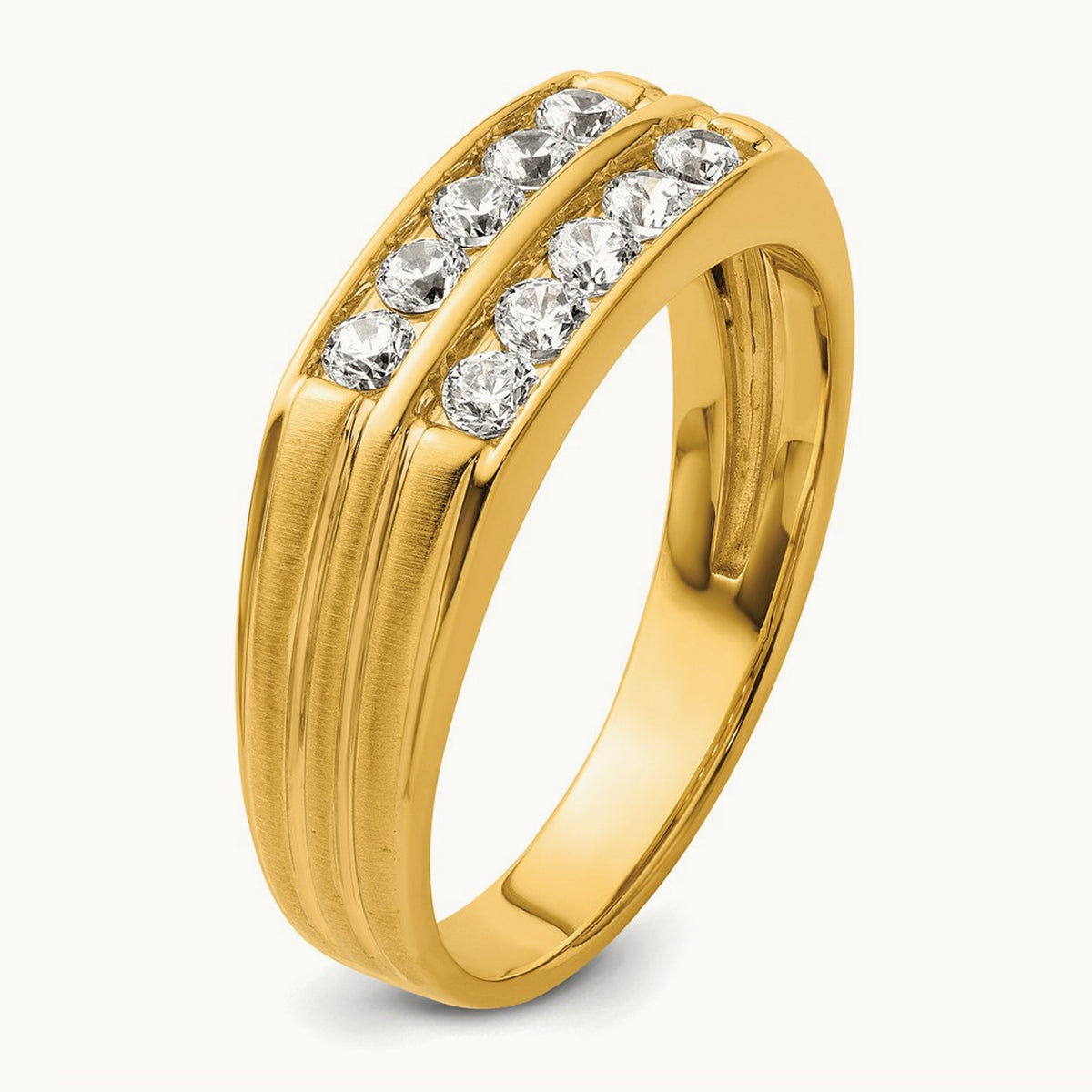 Men's Polished Satin Grooved 2-Row Diamond Ring — 14K Yellow Gold