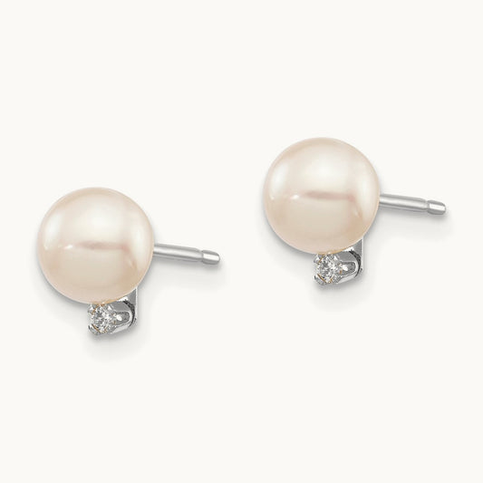 5- Round White Saltwater Akoya .02ct. Diamond Earrings, 6mm, 14K White Gold