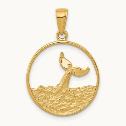 Whale Tail in Circle with Waves Pendant, 14K