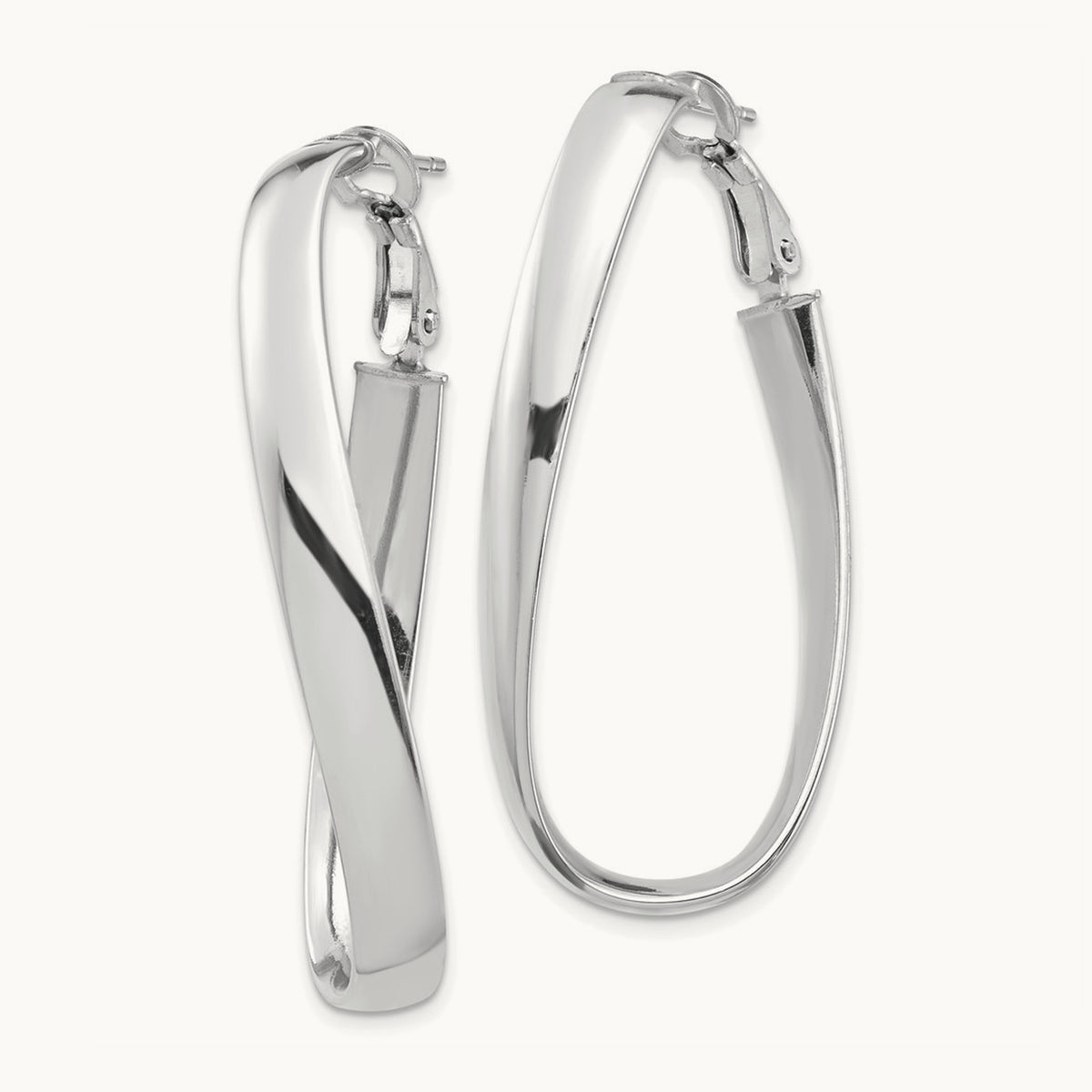Polished Twisted Omega Back Oval Hoop Earrings — 14K White Gold, 5mm