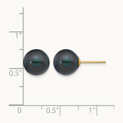 9- Black Round Freshwater Cultured Pearl Stud Post Earrings, 10mm, 14K
