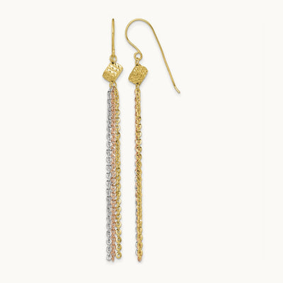 Tri-color Polished Fancy Dangle Tassel Shepherd's Hook Earrings, 14K