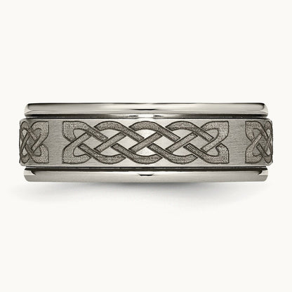 Brushed & Polished Celtic Laser Design Ridged Edge Band, 8mm, Titanium
