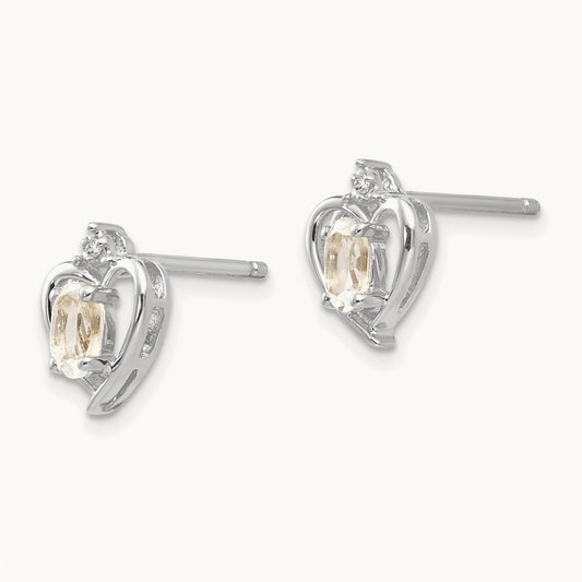 White Topaz and Diamond Heart Post Earrings, 14K White Gold