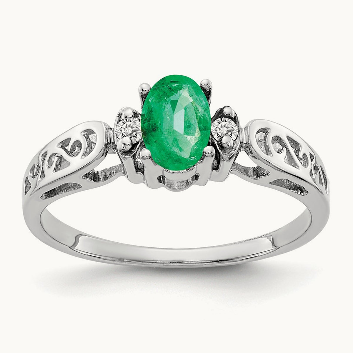 6x4mm Oval Emerald AA Diamond ring, 14K White Gold