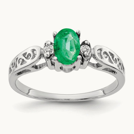 6x4mm Oval Emerald AA Diamond ring, 14K White Gold