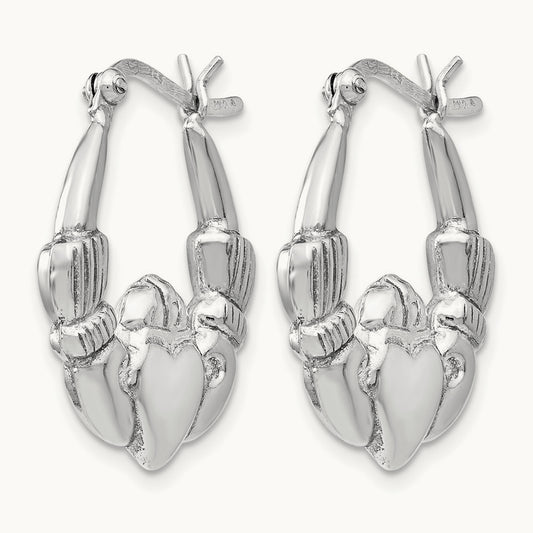 Rhodium-plated Polished Claddagh Hoop Earrings, Sterling Silver — Leslie's