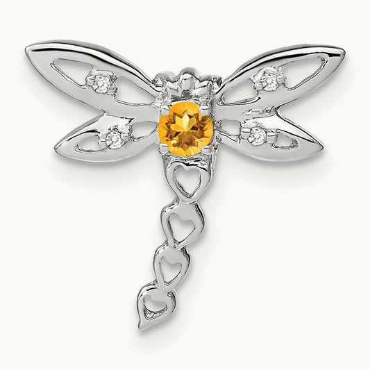 Citrine and Diamond Dragonfly Chain Slide, 14K White Gold