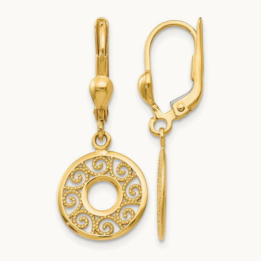 Leverback Filigree Earrings, 14K