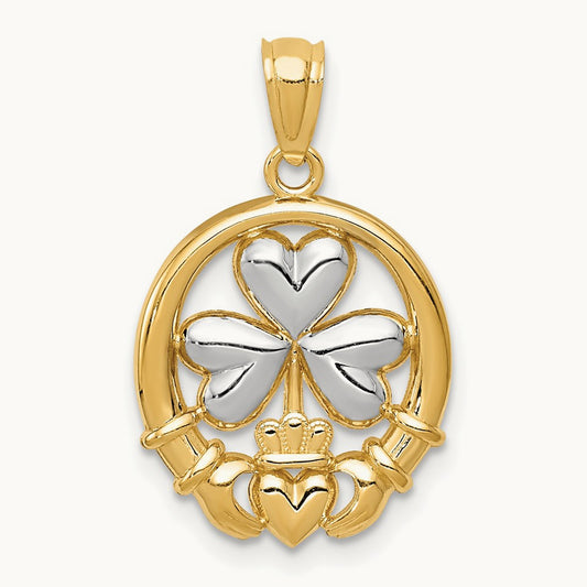 Rhodium-plated Shamrock and Claddagh Pendant, 14K