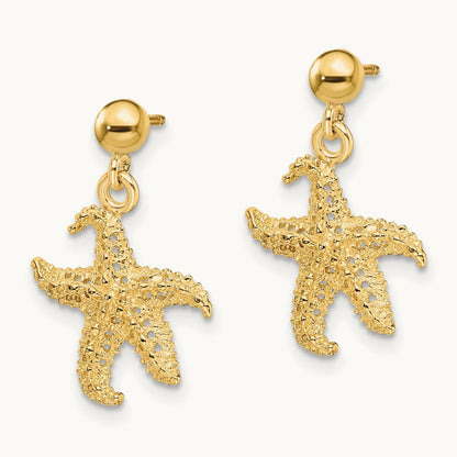 3D Starfish Post Dangle Earrings, 14K