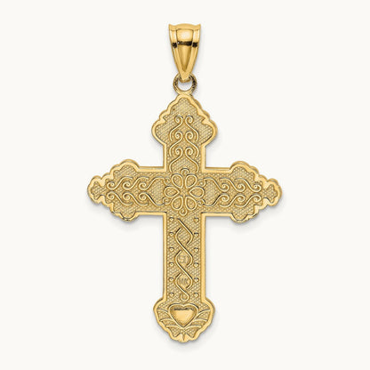 Flower Center Scroll Cross Charm, 14K