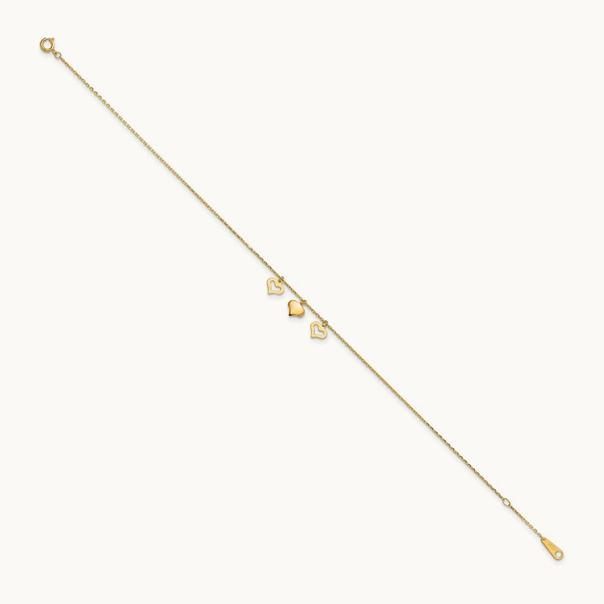 3 Hearts 10inch Plus 1 inch Extension Anklet, 14K
