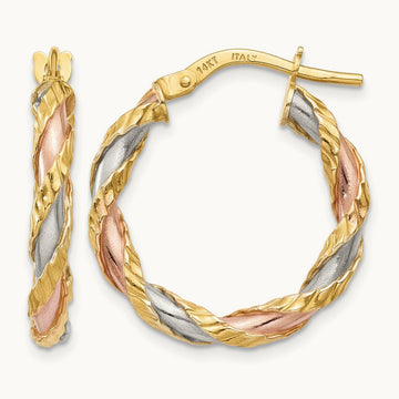 & Rose Rhodium Textured Twisted Hoop Earrings, 14K with White