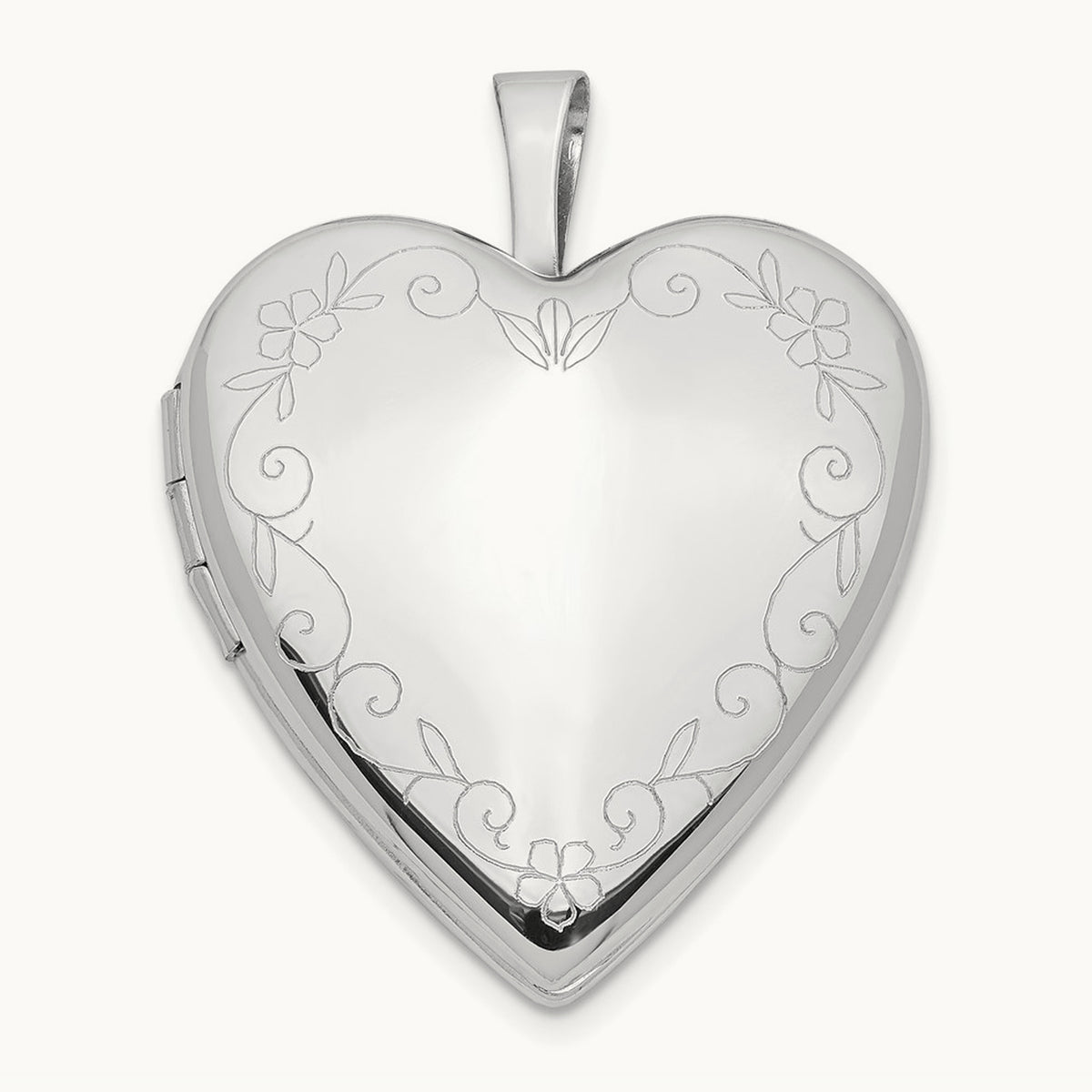 White Gold Flower Vine Border Heart Locket, 20mm, 14K