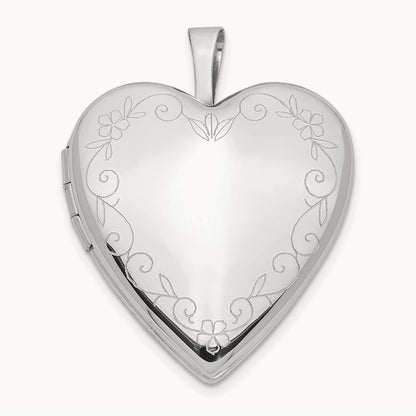 White Gold Flower Vine Border Heart Locket, 20mm, 14K