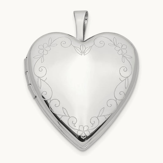 White Gold Flower Vine Border Heart Locket, 20mm, 14K