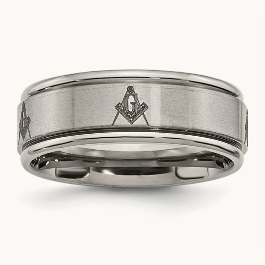 Brushed & Polished Masonic Laser Design Ridged Edge Band — photo set