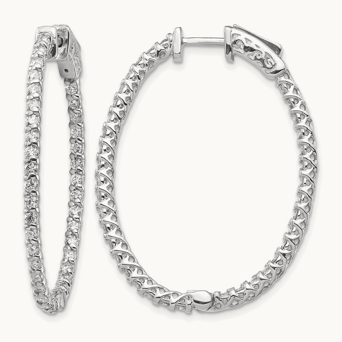 Diamond Oval Hoop w/Safety Clasp Earrings, 14K White Gold