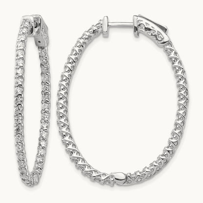 Diamond Oval Hoop w/Safety Clasp Earrings, 14K White Gold