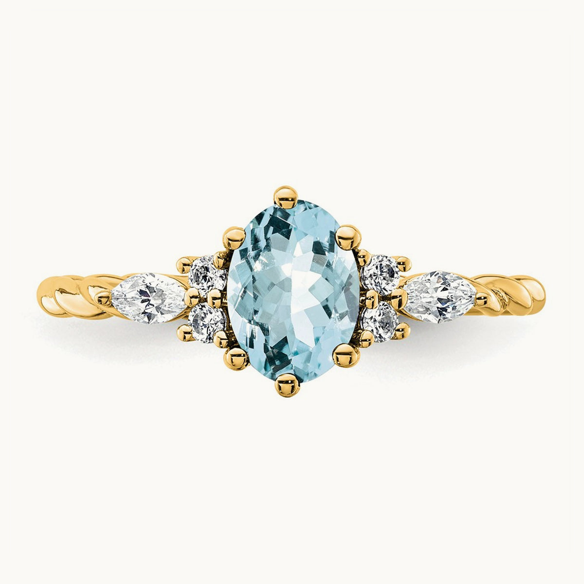 Polished Diamond and Aquamarine Twisted Ring, 14K