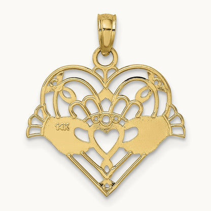 Polished and Beaded Claddagh In Heart Charm — 14K Yellow Gold