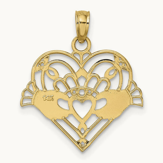 Polished and Beaded Claddagh In Heart Charm — 14K Yellow Gold