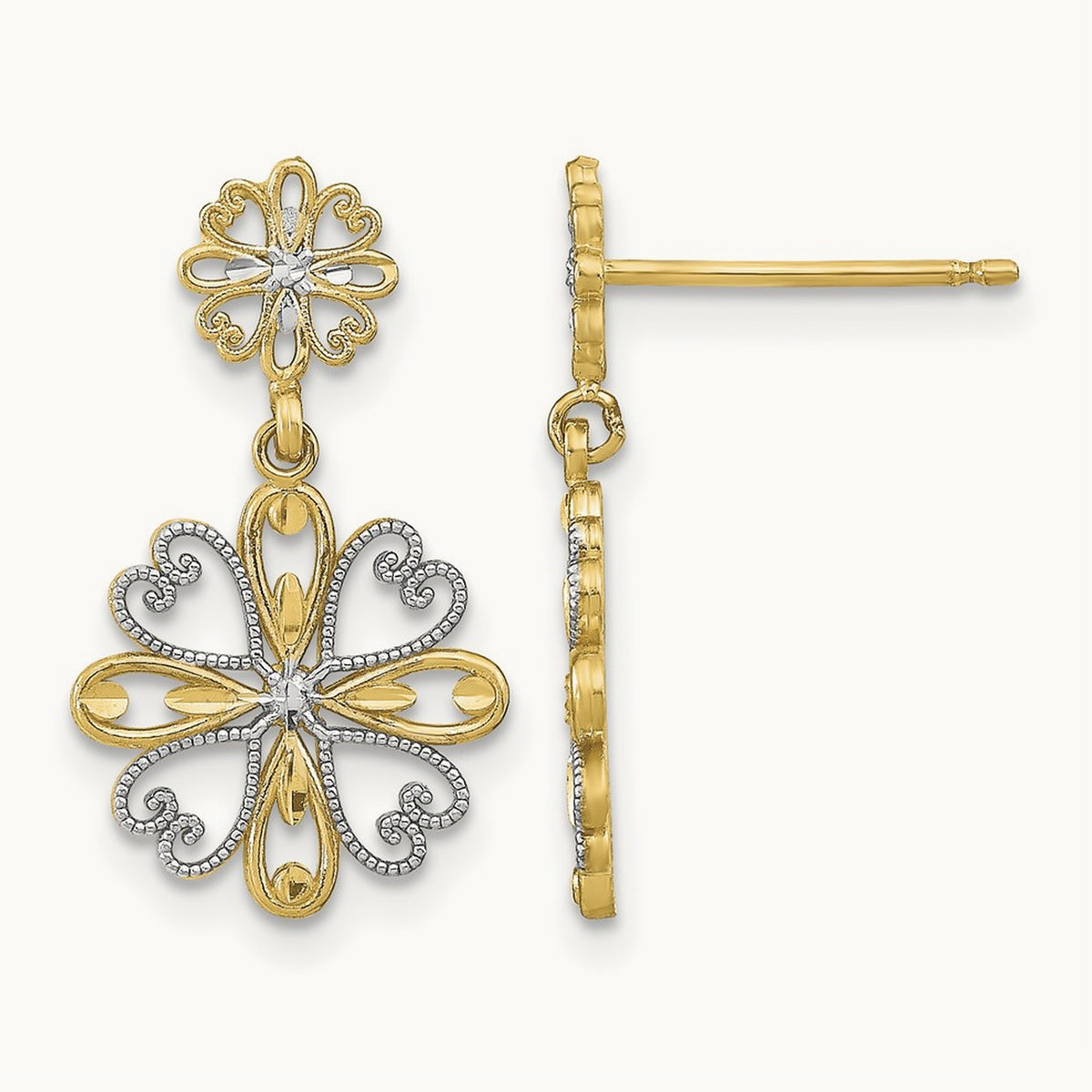 w/Rhodium Beaded Heart Petal Floral Dangle Earrings, 14K
