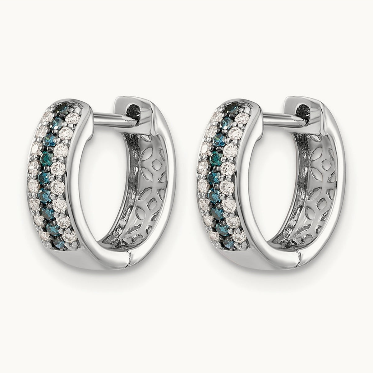 Blue and White Diamond Hinged Hoop Earrings, 14K White Gold