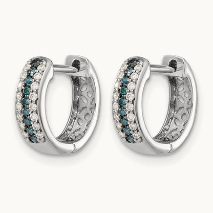 Blue and White Diamond Hinged Hoop Earrings, 14K White Gold