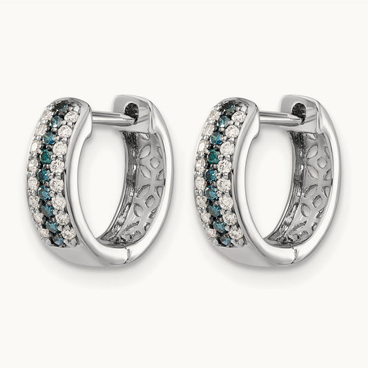 Blue and White Diamond Hinged Hoop Earrings, 14K White Gold