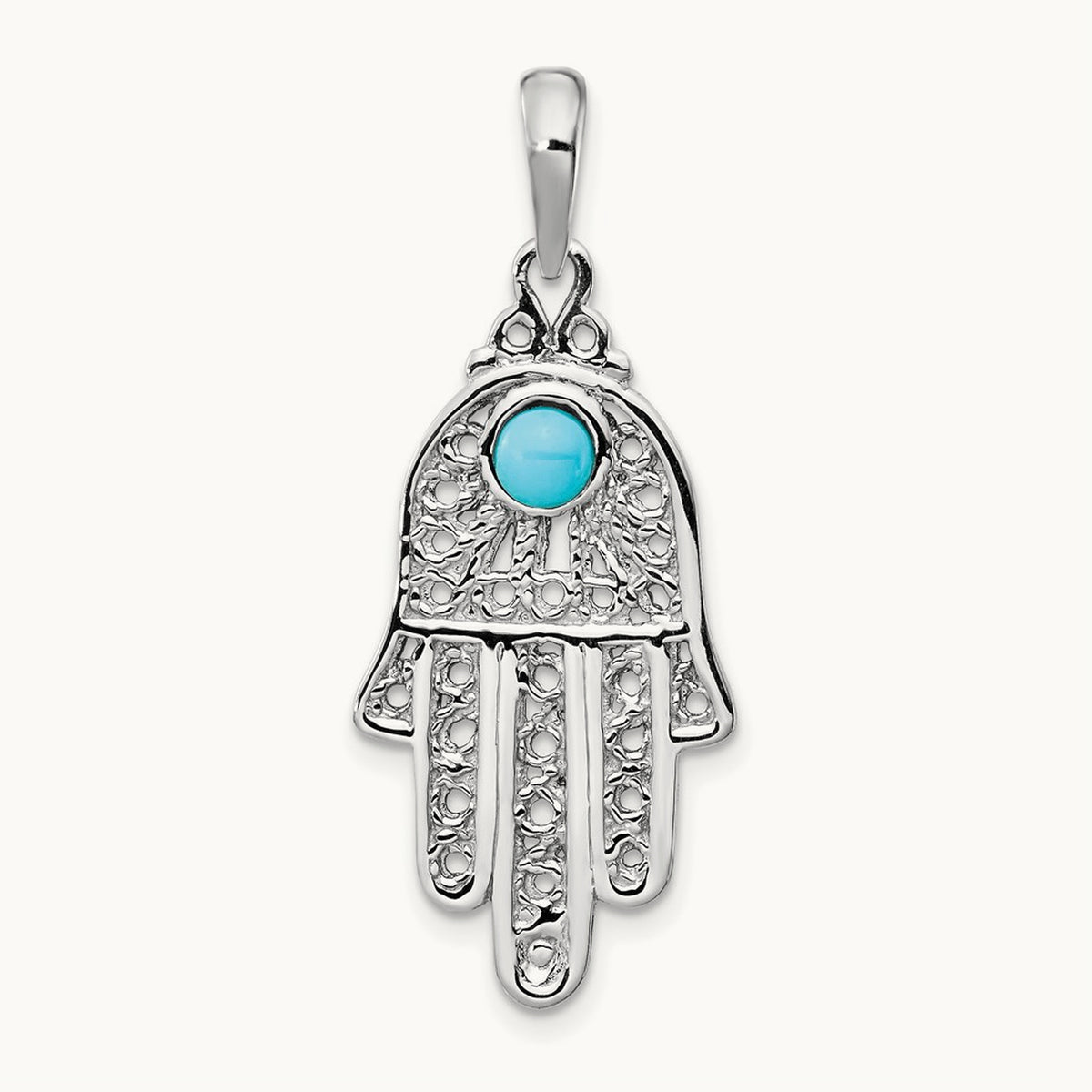 Turquoise Filigree Chamseh Pendant — 14K White Gold