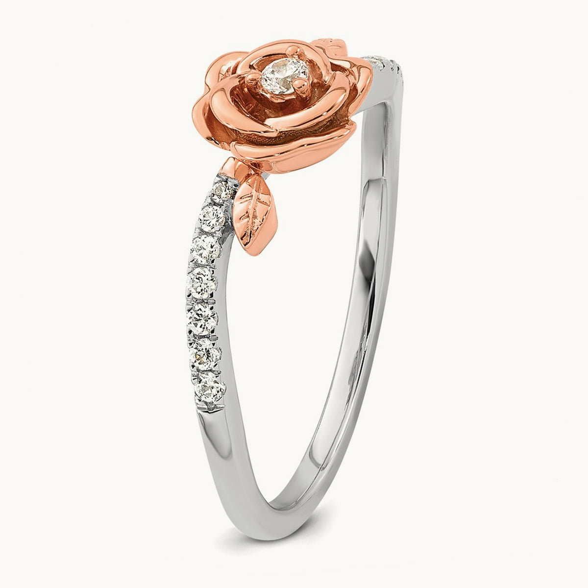 Complete Diamond Rose With Leaves Promise Ring, 14K Two-tone