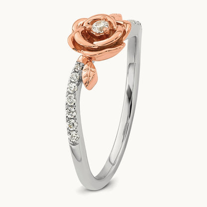 Complete Diamond Rose With Leaves Promise Ring, 14K Two-tone