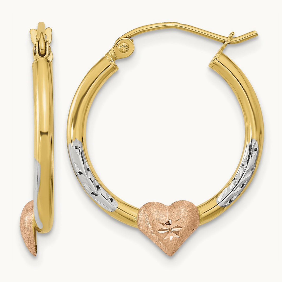 Diamond-cut Heart Hoop Earrings with White Rhodium — 20mm