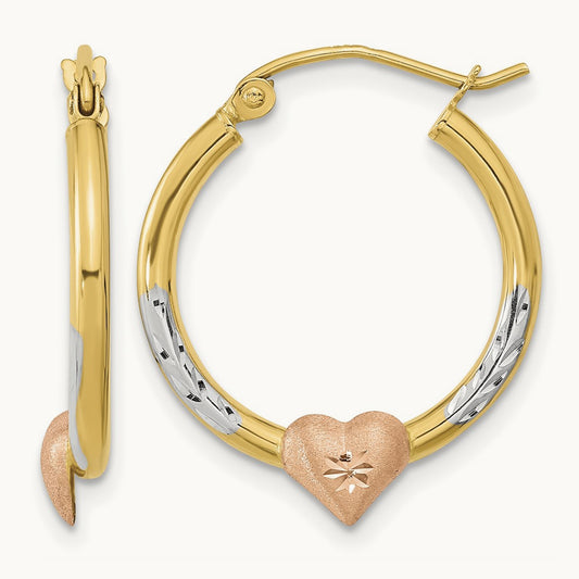 Diamond-cut Heart Hoop Earrings with White Rhodium — 20mm