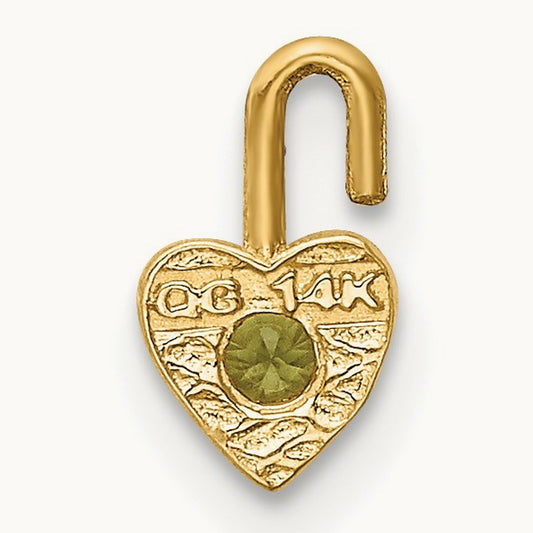 August Synthetic Birthstone Heart Charm — 14K Yellow Gold