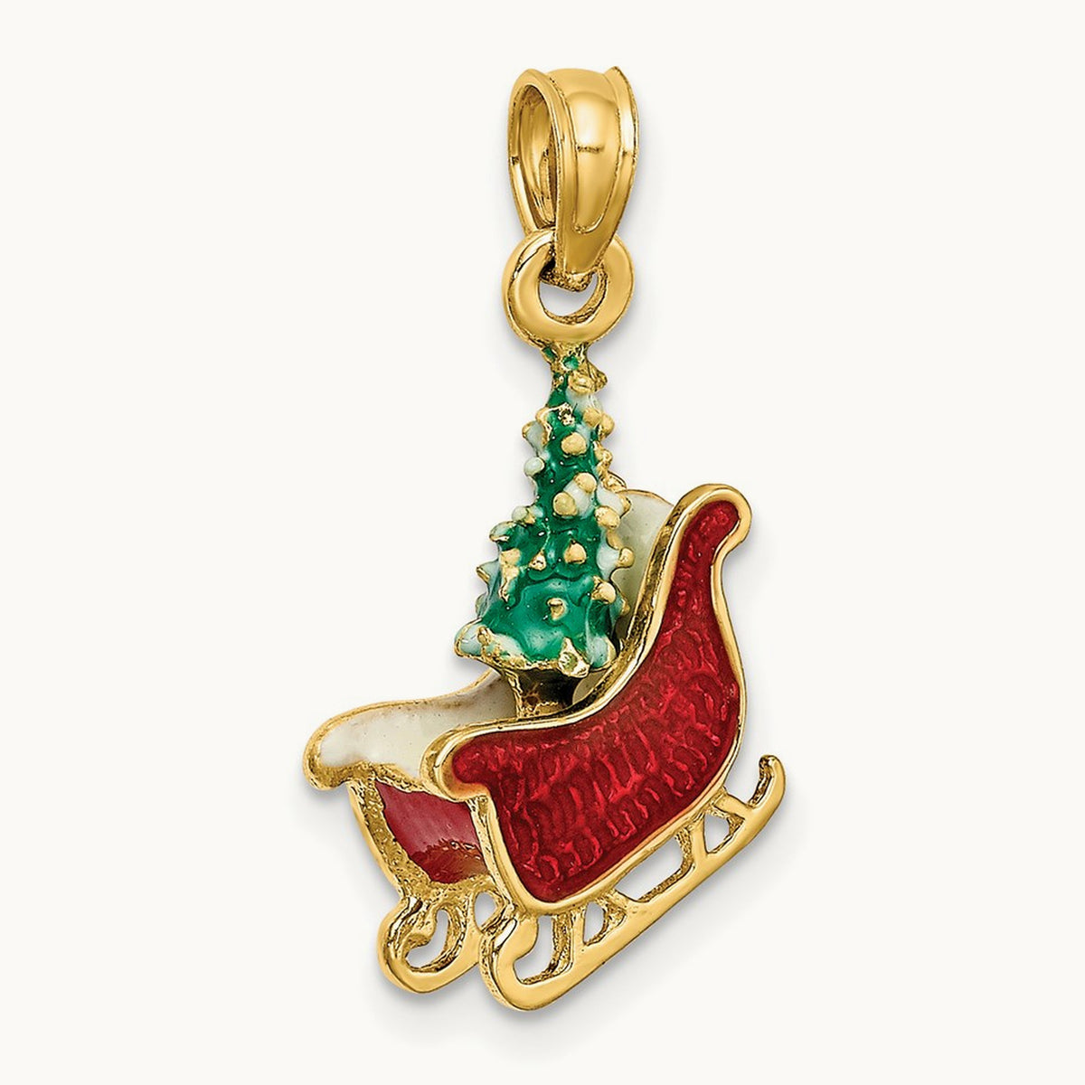 3-D Enamel Sleigh w/Christmas Tree Charm, 14K