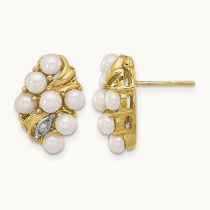 3- Button White FWC Pearl and .02ct Diamond Post Earrings, 4mm, 14K