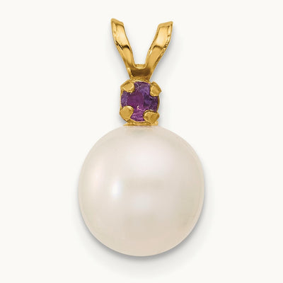 Amethyst 8- White Round FWC Pearl Pendant, 8.5mm, 14K