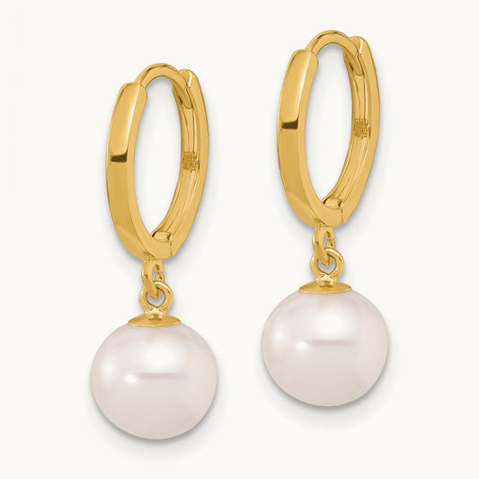 7- Round Freshwater Cultured Pearl Dangle Hoop Earrings, 8mm, 14K