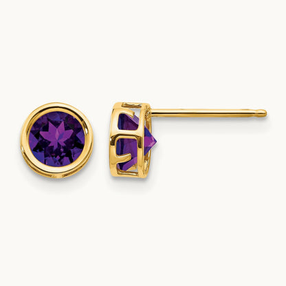Bezel Amethyst Stud Earrings, 5mm, 14K